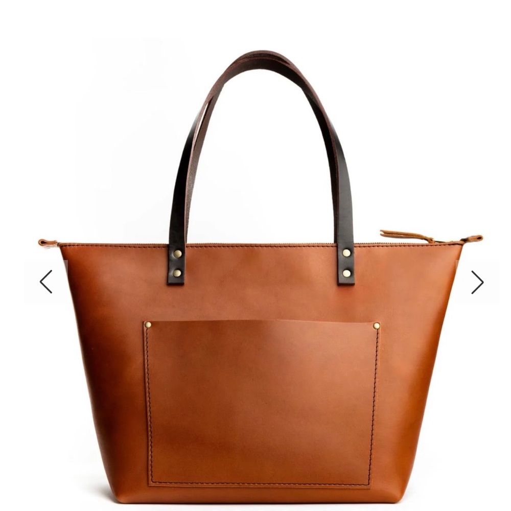 Portland Leather Classic Brown Leather Tote Bag with Floral Charm